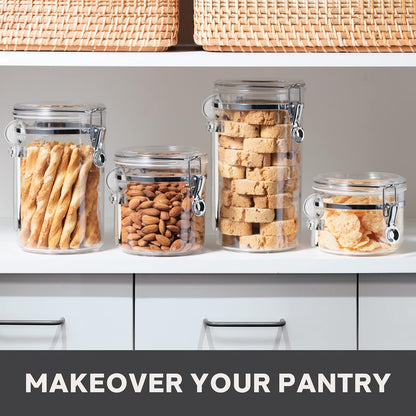 Oggi Clear Canister Set with Clamp Lids & Spoons - Airtight Food Storage Containers, Ideal for Kitchen & Pantry Storage of Bulk, Dry Food Including Flour, Sugar, Coffee, Rice, Tea, Spices & Herbs