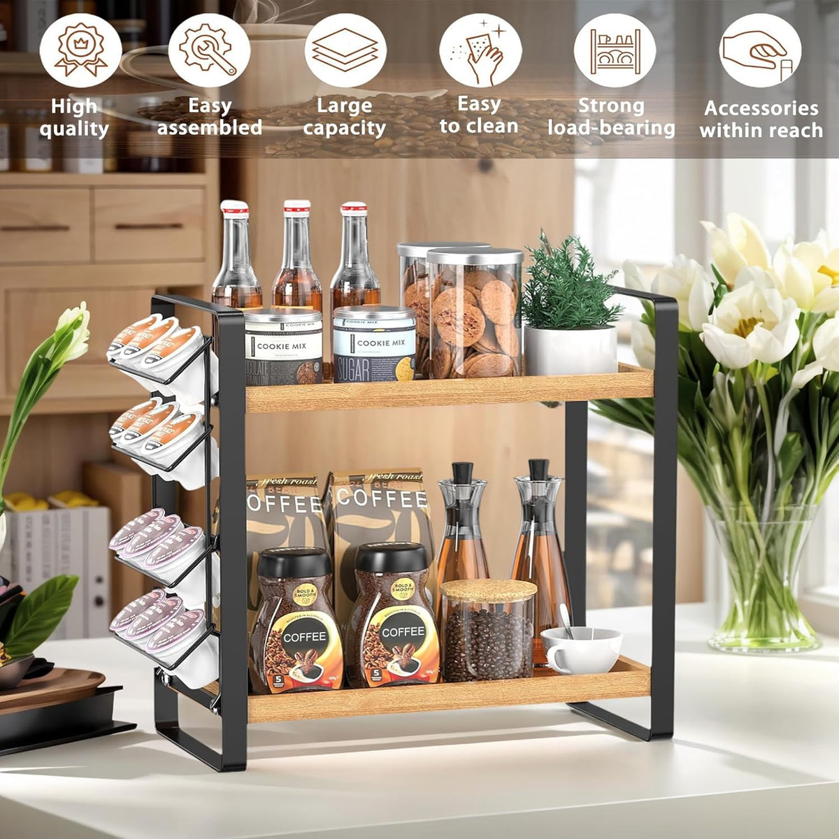 LEMIKKLE 2-Tier Coffee Bar Organizer With Basket,Wooden Counter Shelf for Coffee Bar Accessories,Kitchen Spice Rack Organizer for Countertop-Brown