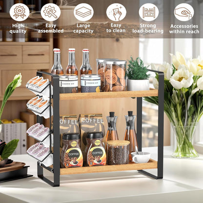 LEMIKKLE 2-Tier Coffee Bar Organizer With Basket,Wooden Counter Shelf for Coffee Bar Accessories,Kitchen Spice Rack Organizer for Countertop-Brown