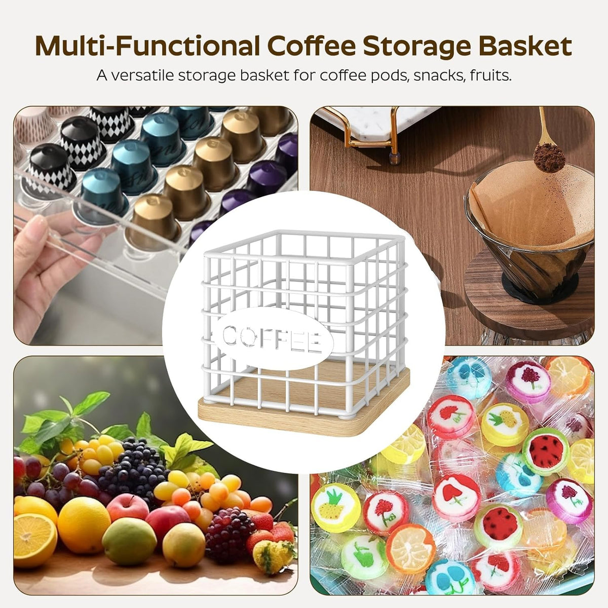YATINEY Coffee Pod Holder for K Cup, Large Capacity Coffee Pod Organizer, Versatile Coffee Capsule Storage Basket with Wooden Base, White KH10WN