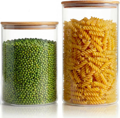 32oz - Glass Jars with Bamboo Lids, Glass Pantry Storage Containers with Airtight Lids, Round Air Tigh Food Storage Canisters for Cereal, Pasta, Flour, Sugar, Rice, Best for Kitchen Organizer