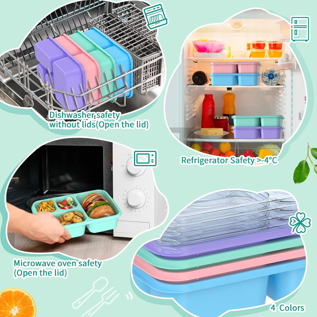 Bento Box Adult Lunch Box - 4 Pack, 5 - Compartment Meal Prep Container for Kids, Reusable Food Storage Snack Containers - Stackable for School, Work, and Travel (Wheat(Green/Blue/Pink/Beige))