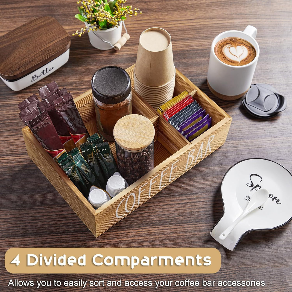 ALELION Coffee Station Organizer - Wood Countertop Accessories Organizer with Removable Dividers for Pods Condiment Syrup Tea Cups Stirrers - for Farmhouse Coffee Bar Decor
