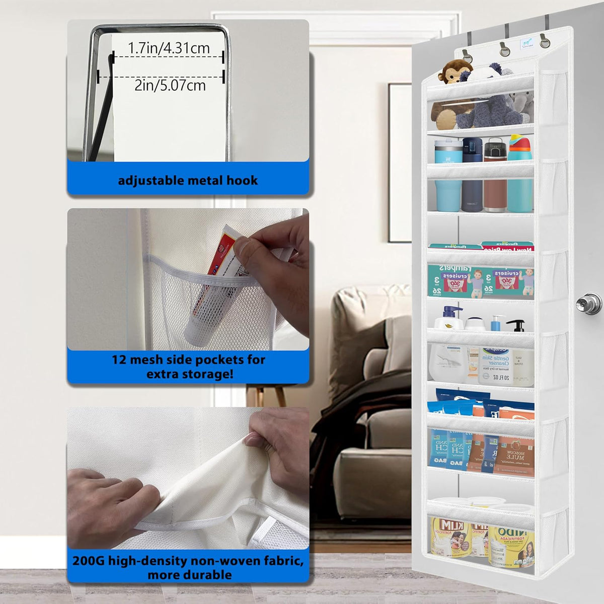 Over the Door Organizer Storage 6 Tier, 12 Large Capacity Side Pockets, Heavy Duty Metal Reinforced Hook Anti Tilt 75 LB Load Behind Door Storage for Bedroom Bathroom Pantry Nursery