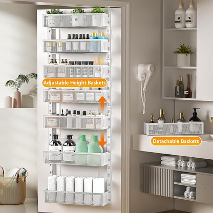 6-Tier Over The Door Pantry Organizer with Mesh Baskets, Adjustable & Stable Hanging Spice Rack for Kitchen, Bathroom, Bedroom, and Baby Essentials Storage