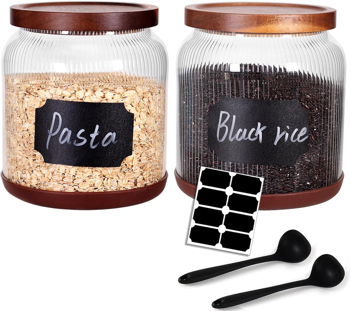 SAIOOL 2-Pack Striped Borosilicate Glass Airtight Canisters - Big mouth Large Capacity, Acacia Wood Lid, Food Storage Jars for Flour, Pasta, Pantry Organization (1/2 Gallon （Yellow Press lid 2 pack）)