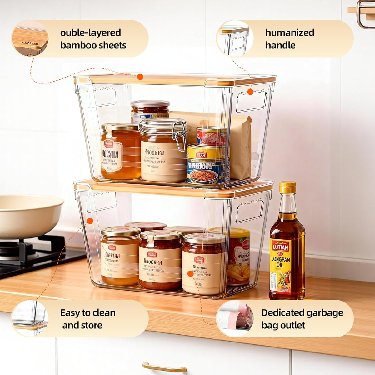 4 Pack Clear Storage Bins with Bamboo Lid, Garbage Bag Dispenser, Pantry Organizers and Storage for Onion Potato, Under Sink Organizer for Kitchen Laundry Room