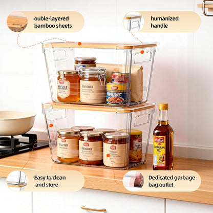 4 Pack Clear Storage Bins with Bamboo Lid, Garbage Bag Dispenser, Pantry Organizers and Storage for Onion Potato, Under Sink Organizer for Kitchen Laundry Room