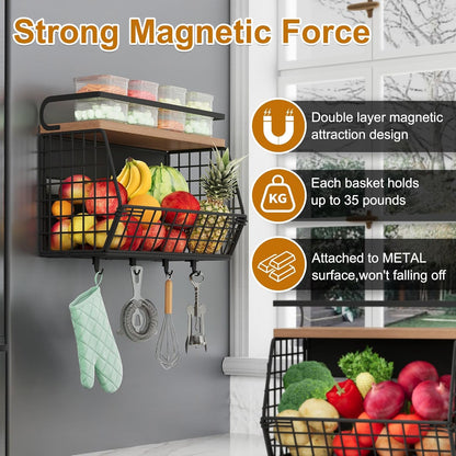 Magnetic Shelf for Fridge,Hanging Wall Basket for Potato Onion Fruit and Vegetable Storage Bins,Large Produce Container Magnetic Spice Rack for Refrigerator Kitchen Counter Pantry,Black