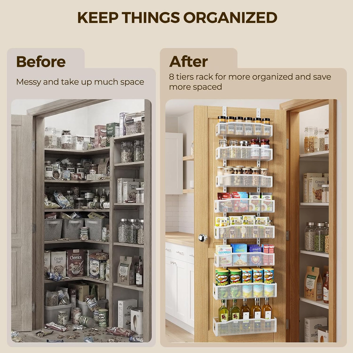 Delamu 8 Tier Over the Door Pantry Organizer, 2in1 Hanging or Wall Mount Spice Rack Seasoning, Adjustable Heavy-Duty Narrow Pantry Door Organizer and Storage for Kitchen Cabinet and Bathroom,12" White