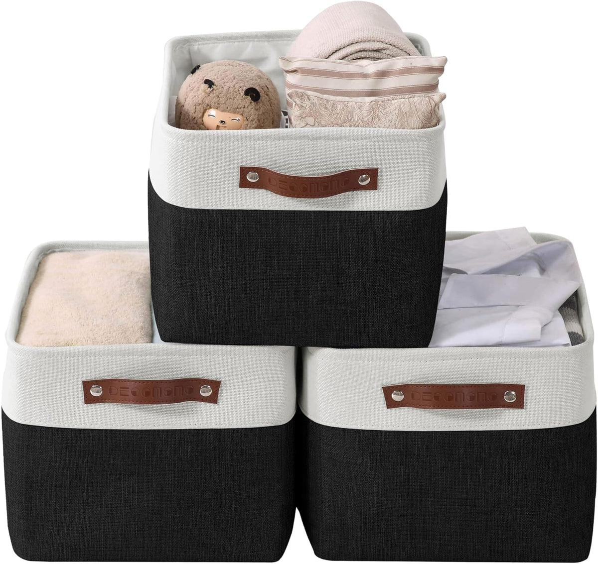 DECOMOMO Storage Bins, Large Fabric Storage Baskets for Shelves, Decorative Linen Closet Organizer, 15 x 11 x 9.5 inches (Beige & White, 3 Pack)