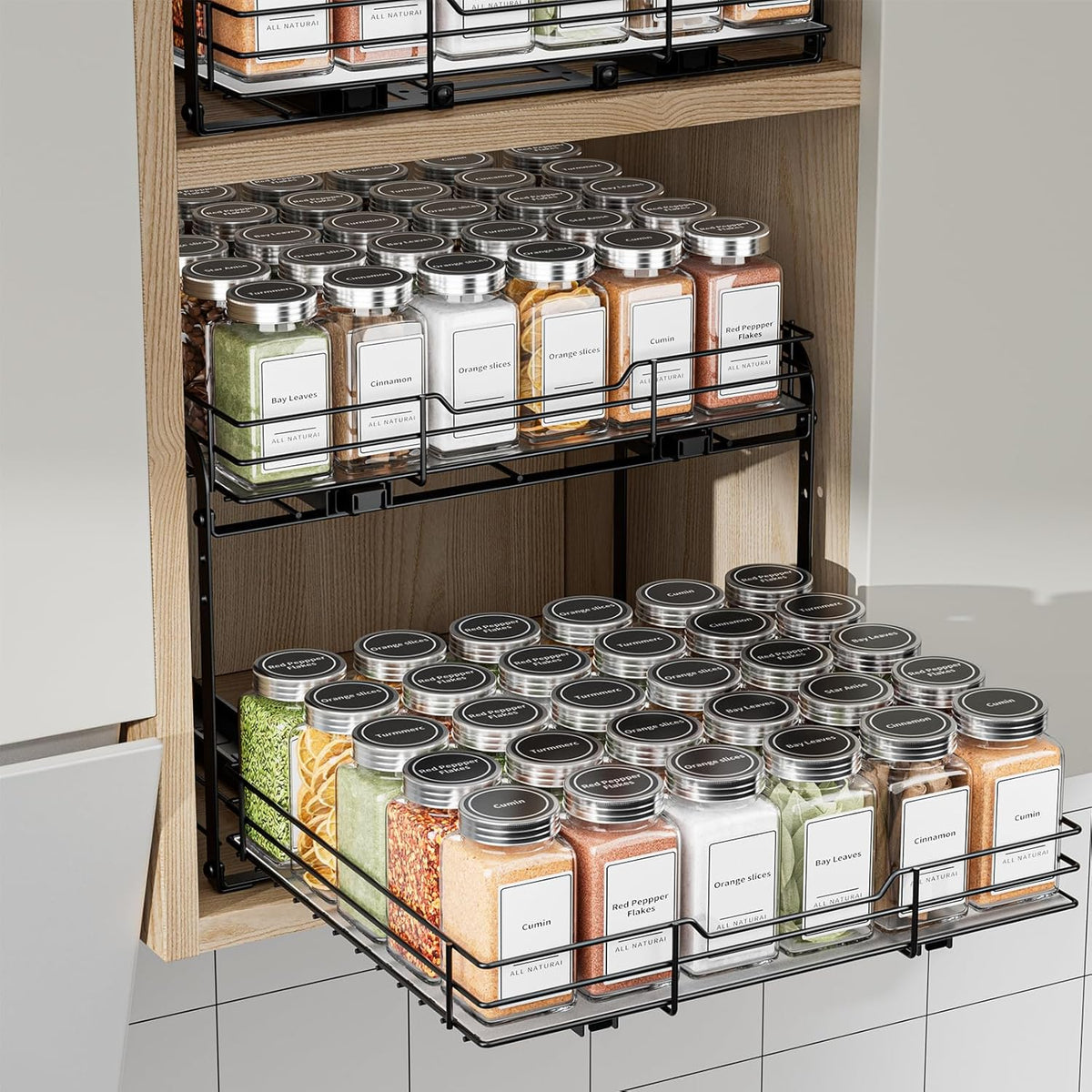 BOIVSHI 2-Tier Spice Rack, Pull Out Cabinet Organizer Spice Racks Height Adjustable Heavy Duty Metal Basket for Inside Cabinets & Pantry Closet(9.5''Wx10.5''Dx9.5''H)