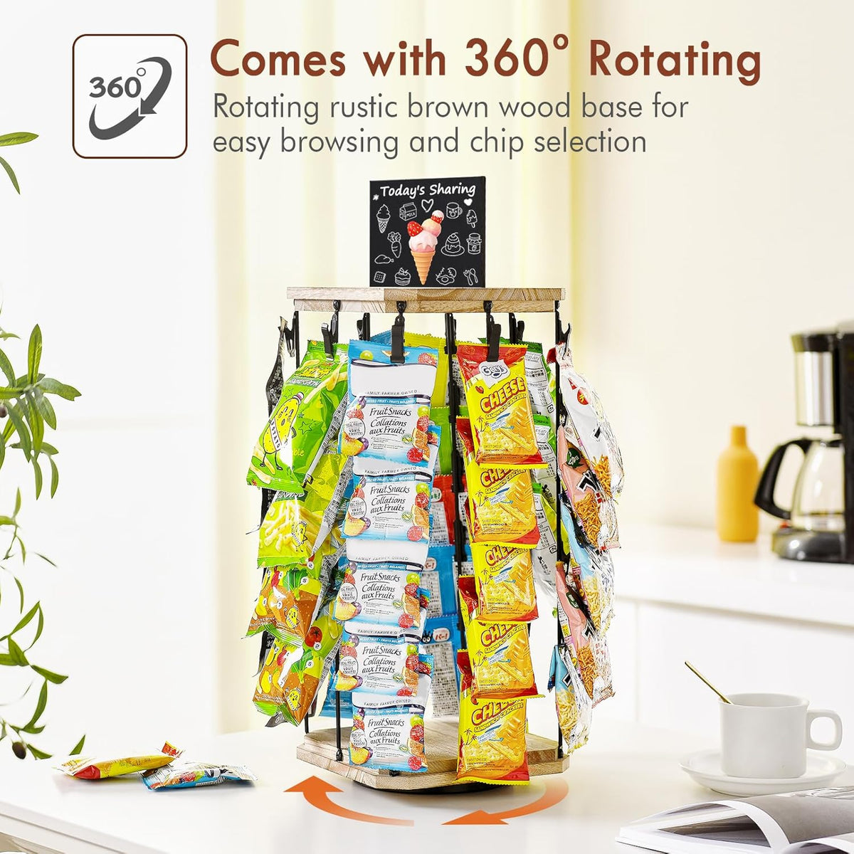 Pinzoveco Chip Rack Display Stand, 5 Tiers 40 Clips Snack Organizer for Office Desk, 360° Rotating Wooden Base Chip Holder Candy Display for Concession Stand, Countertop, Party, With Message Board