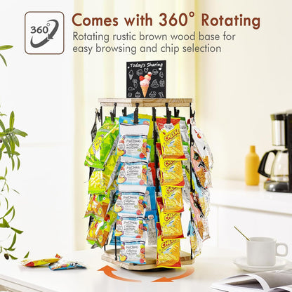 Pinzoveco Chip Rack Display Stand, 5 Tiers 40 Clips Snack Organizer for Office Desk, 360° Rotating Wooden Base Chip Holder Candy Display for Concession Stand, Countertop, Party, With Message Board