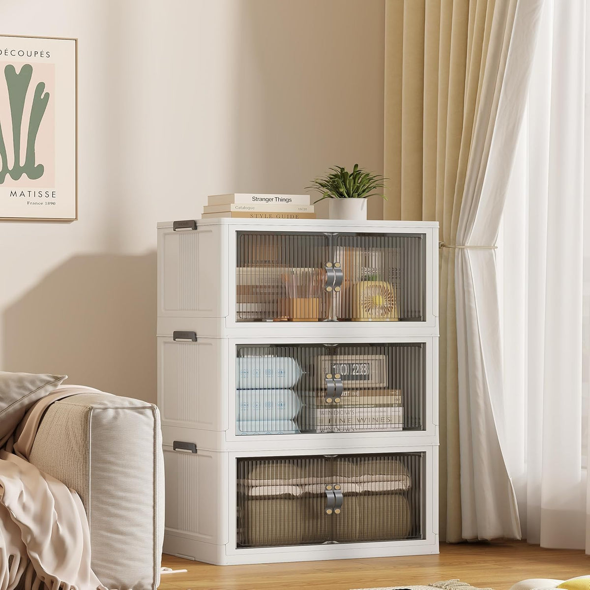 SAILUN 145Gal/580Qt Stackable Storage Bins Folding Collapsible Storage Bins with a Lid, Closet Organizers and Storage,White 26" W x 17" D x 71" H
