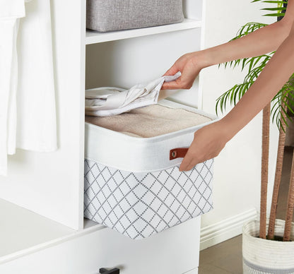 DECOMOMO Storage Bins, Large Fabric Storage Baskets for Shelves, Decorative Linen Closet Organizer, 15 x 11 x 9.5 inches (Beige & White, 3 Pack)