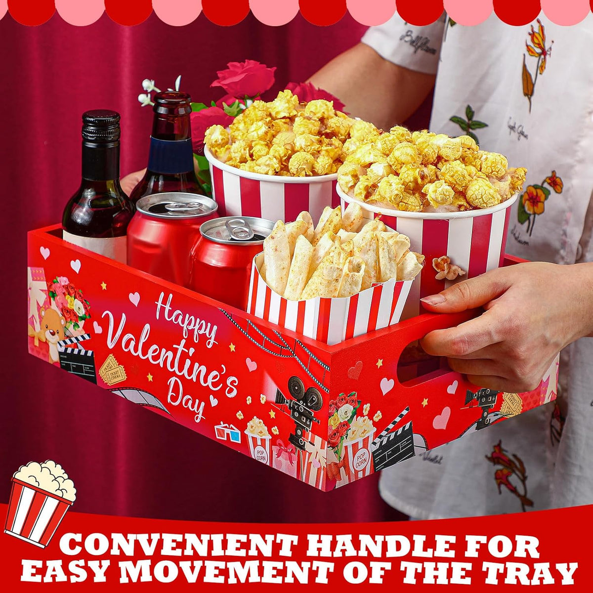 Movie Night Supplies Snack Trays with Handles Reusable Wooden Movie Gift Basket for Theater Popcorn Bucket Bowl Box Container Family Room Decor(Classic Style)
