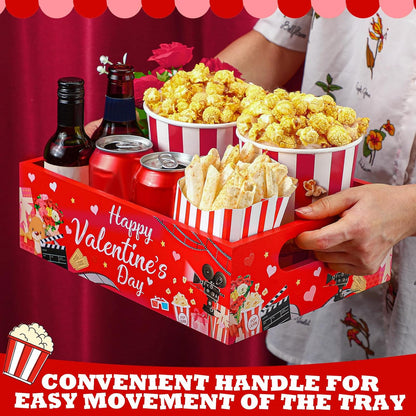 Movie Night Supplies Snack Trays with Handles Reusable Wooden Movie Gift Basket for Theater Popcorn Bucket Bowl Box Container Family Room Decor(Classic Style)