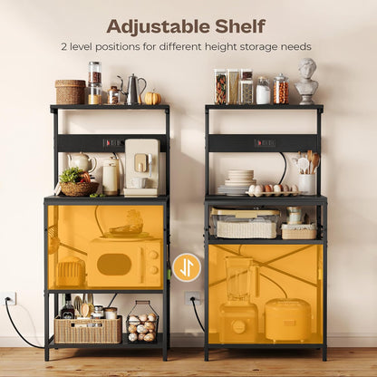 SUPERJARE Kitchen Bakers Rack with Power Outlet, Coffee Bar Table 4 Tiers, Kitchen Microwave Stand with 6 S-shaped Hooks, Storage Shelf Rack for Spices, Pots and Pans - Rustic Brown