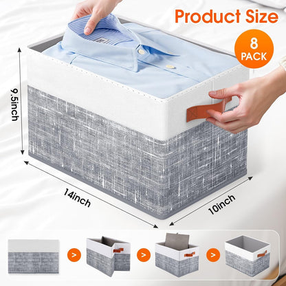 Fab totes Collapsible Storage Baskets for Shelves,14"x10", Foldable Fabric Storage Bins with Double Leather Handles, Large Baskets for Organizing Books, Clothes, White & Grey