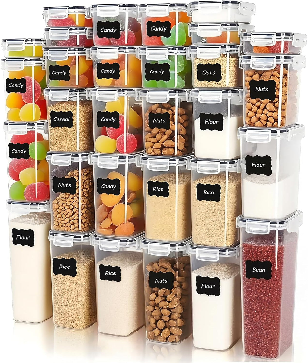 Airtight Food Storage Containers with Lids, BPA Free Clear Plastic Kitchen and Pantry Organization and Storage Set for Flour, Sugar, Cereal, Pasta, Includes 7 Labels and Marker