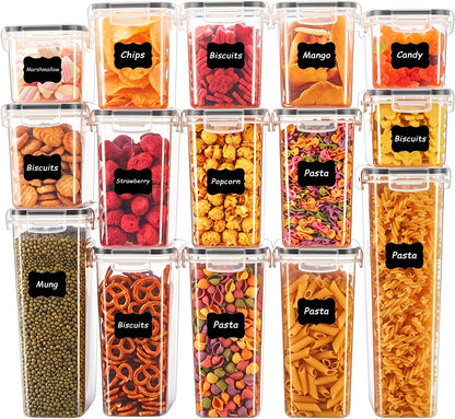 Airtight Food Storage Containers with Lids, BPA Free Clear Plastic Kitchen and Pantry Organization and Storage Set for Flour, Sugar, Cereal, Pasta, Includes 7 Labels and Marker