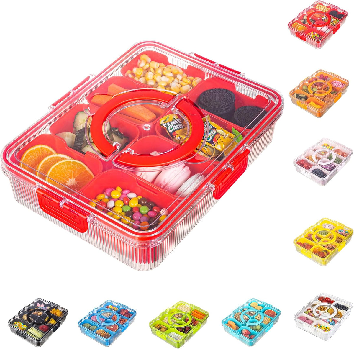 Patent Design Ribbed Snackle Box Container Snack Container Divided Serving Tray with Lid and Handle, 8 Divider Portable Snacklebox for Travel Beach for Charcuterie Veggie Fruit Candy,1 Pack
