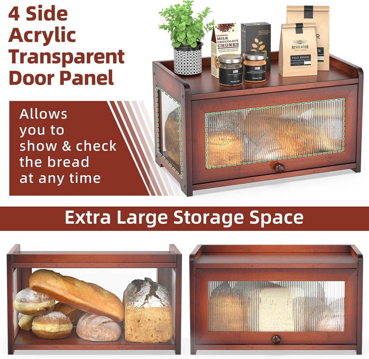 BAMBANG Bamboo Bread Box for Kitchen Countertop, Extra Large Farmhouse Bread Box with 4-Side Clear Panels, Wooden Bread Storage Container for Homemade Bread, Natural