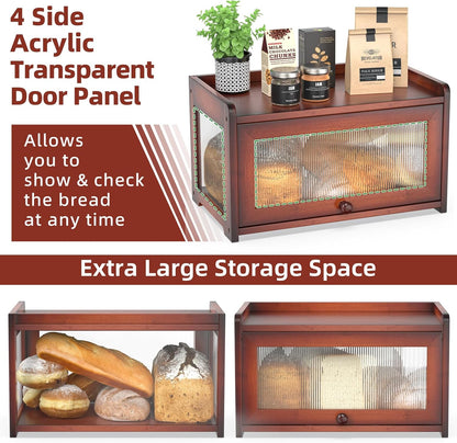 BAMBANG Bamboo Bread Box for Kitchen Countertop, Extra Large Farmhouse Bread Box with 4-Side Clear Panels, Wooden Bread Storage Container for Homemade Bread, Natural