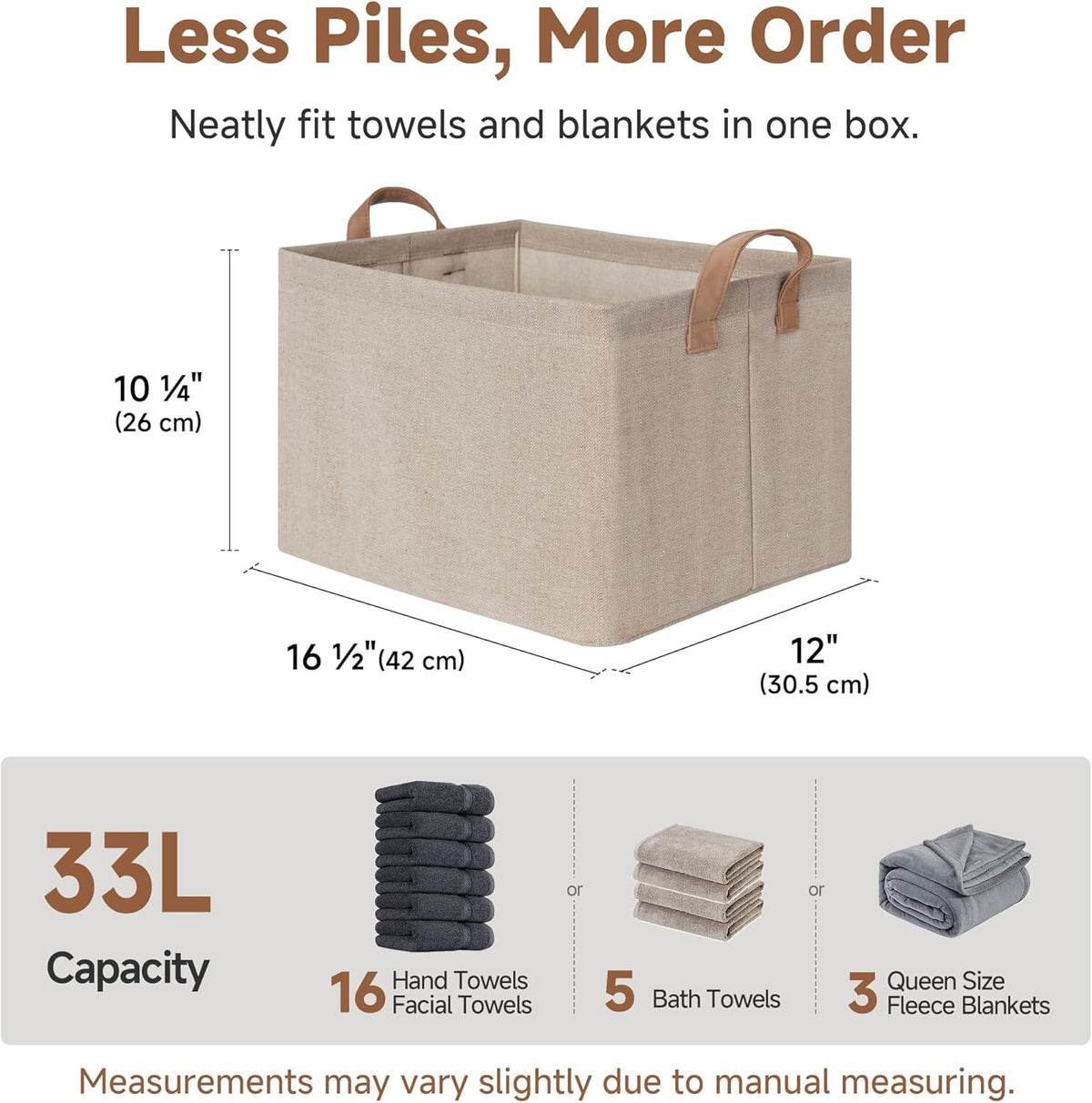 StorageWorks Storage Bins, Shelves Baskets for Organizing, Fabric Closet Organizers with Handles, Metal Frame, Beige-Cotton-linen, 2-Pack