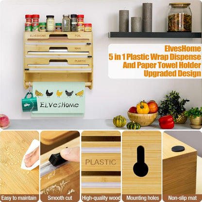 5 in 1 Foil and Plastic Wrap Organizer with Cutter, Plastic Wrap Food Dispenser with Paper Towel Holder for 12 inch Roll Wax Paper Parchment, Wall Mount Aluminum Foil Dispenser for Kitchen Storage