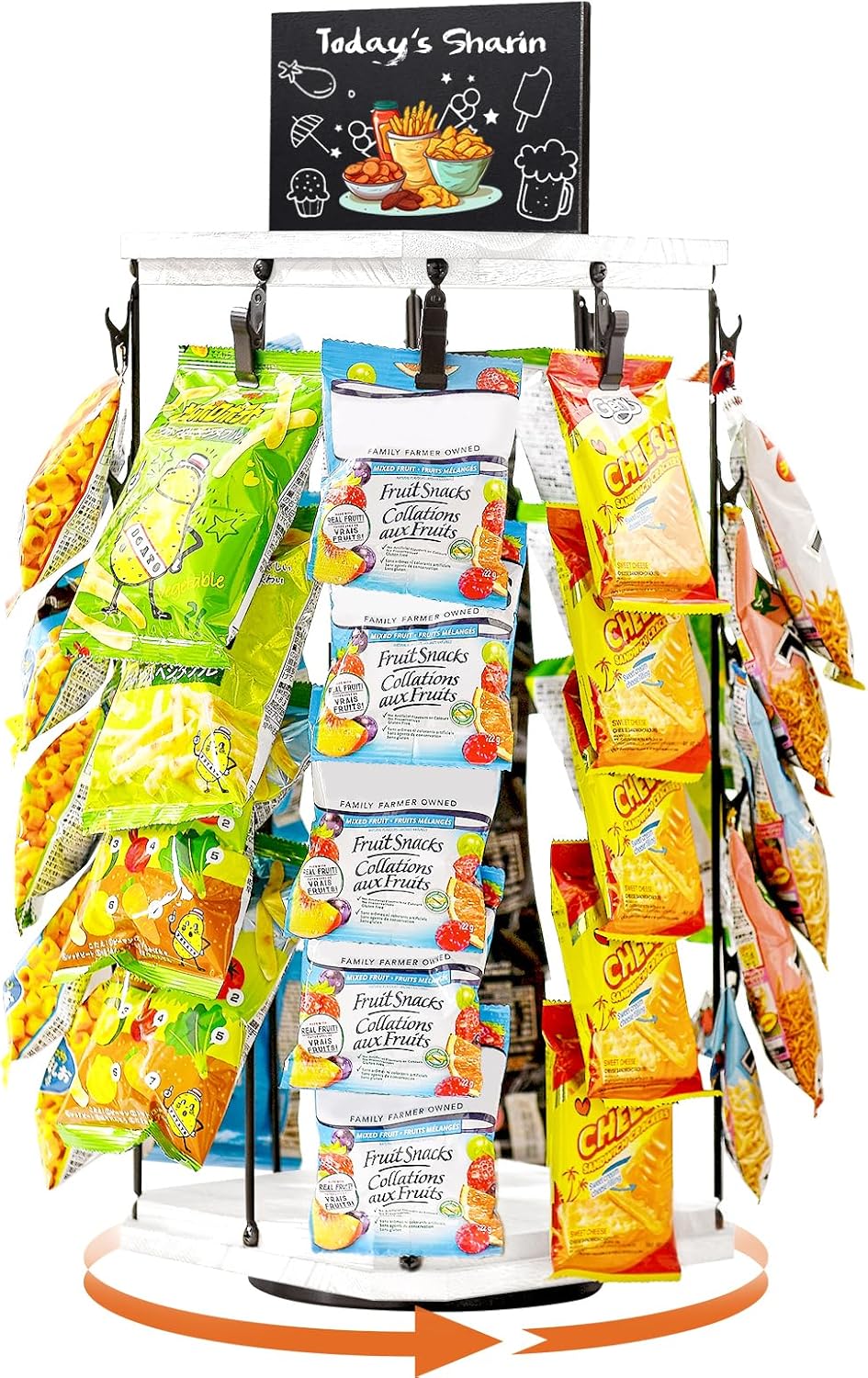 Pinzoveco Chip Rack Display Stand, 5 Tiers 40 Clips Snack Organizer for Office Desk, 360° Rotating Wooden Base Chip Holder Candy Display for Concession Stand, Countertop, Party, With Message Board