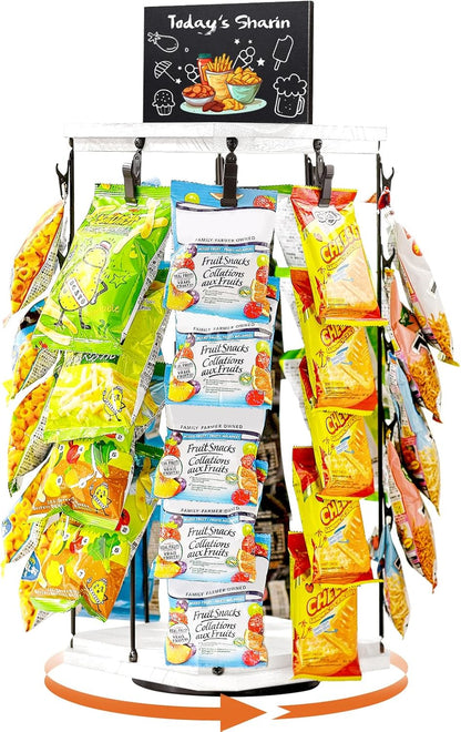 Pinzoveco Chip Rack Display Stand, 5 Tiers 40 Clips Snack Organizer for Office Desk, 360° Rotating Wooden Base Chip Holder Candy Display for Concession Stand, Countertop, Party, With Message Board