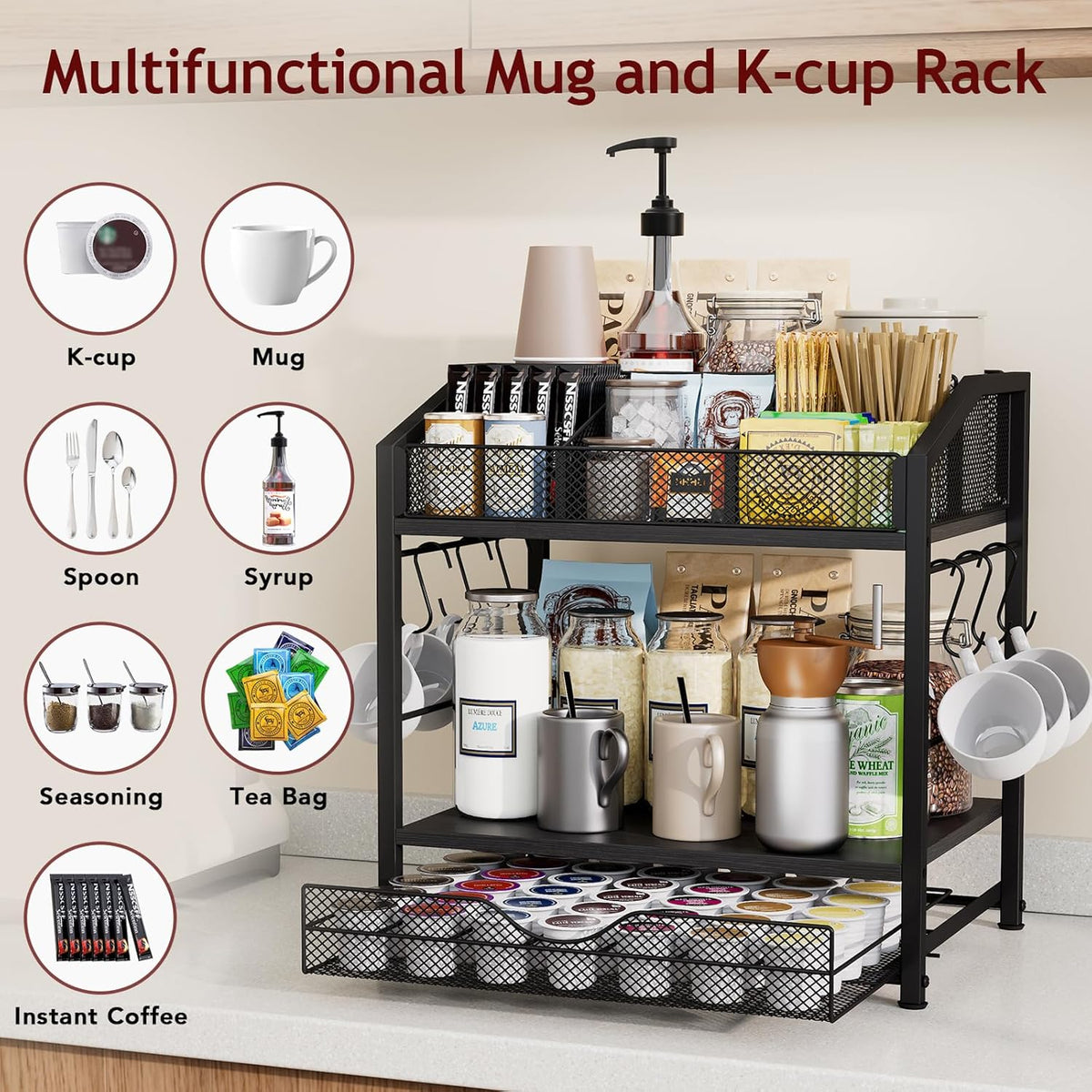 Homsorout Coffee Bar Organizer - Countertop Coffee Station, 42 K Cup holder Storage Basket with Drawer and Hooks for Syrup, Cups, Stirrer, Condiment, Tea Organizer, Black and Brown