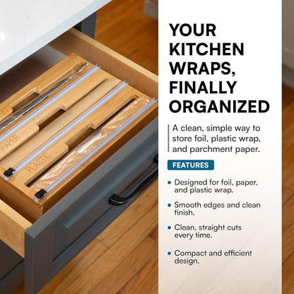 Honey Can Do 3-In-1 Bamboo Food Wrap Organizer With Safety Cutter | Plastic, Wax, Paper and Foil Holder KCH-09858 Natural