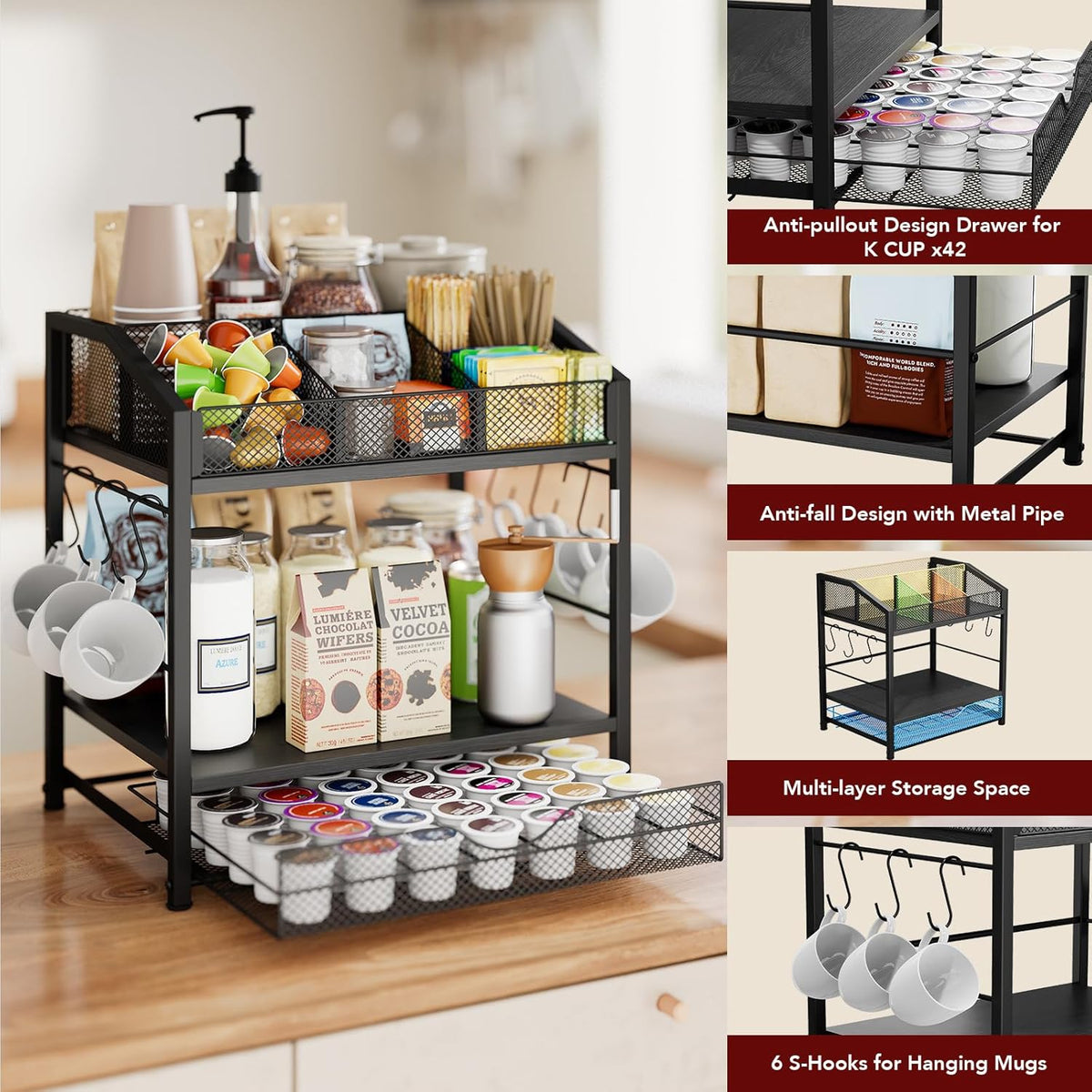 Homsorout Coffee Bar Organizer - Countertop Coffee Station, 42 K Cup holder Storage Basket with Drawer and Hooks for Syrup, Cups, Stirrer, Condiment, Tea Organizer, Black and Brown
