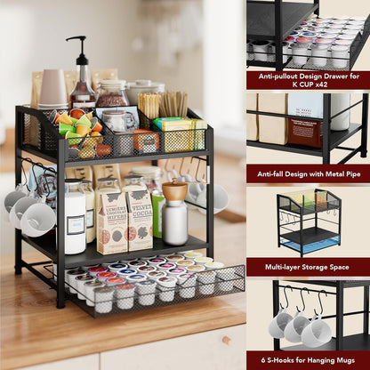 Homsorout Coffee Bar Organizer - Countertop Coffee Station, 42 K Cup holder Storage Basket with Drawer and Hooks for Syrup, Cups, Stirrer, Condiment, Tea Organizer, Black and Brown