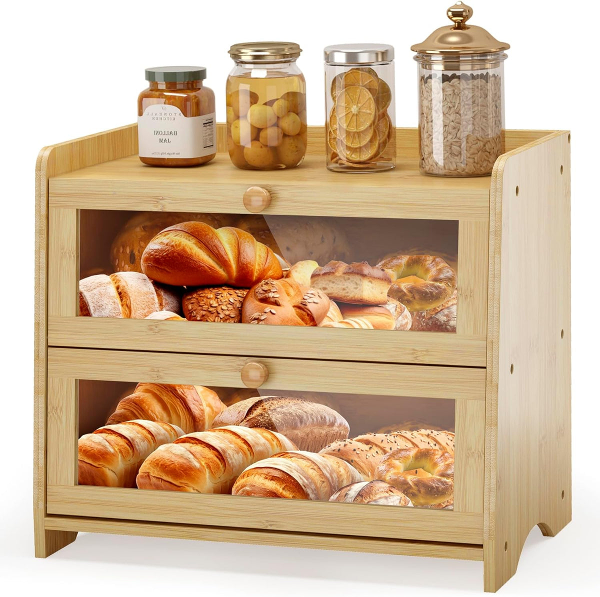 JANSNIMEN Double Layer Bread Box for Kitchen Countertop, Large Breadbox Bread Container Storage with Acrylic Door, Wooden Farmhouse Bread Holder (Black, Medim-15.7" L x 9.5" W x 13" H)