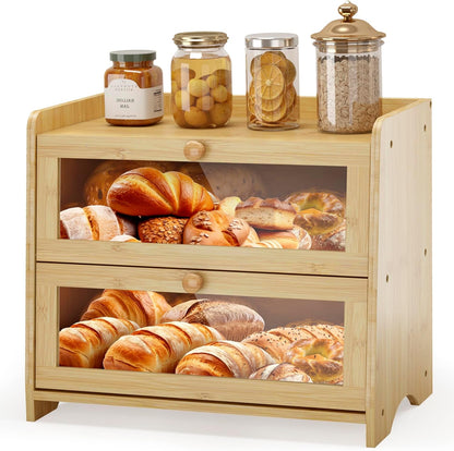 JANSNIMEN Double Layer Bread Box for Kitchen Countertop, Large Breadbox Bread Container Storage with Acrylic Door, Wooden Farmhouse Bread Holder (Black, Medim-15.7" L x 9.5" W x 13" H)