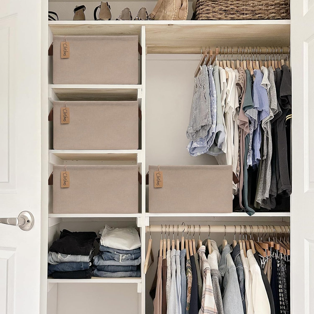CHICVITA Large Storage Baskets for Shelves, Fabric Storage Bins with Metal Frame, Closet Organizers and Storage Boxes for Clothes Toy, Beige
