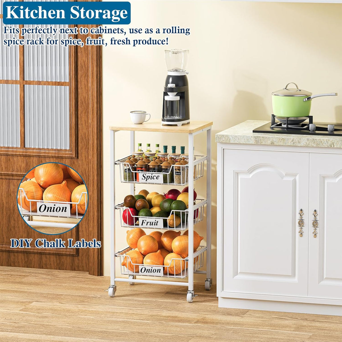 OKZEST 4-Tier Kitchen Storage Cart on Wheels – Mobile Fruit Basket Stand with Drawers & Wooden Top, Small Rolling Pantry Shelf for Potatoes, Onions, Bottled Drinks, Cans, Snacks – Includes 3 PE Liners
