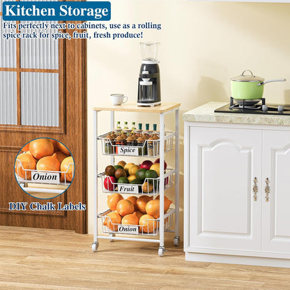 OKZEST 4-Tier Kitchen Storage Cart on Wheels – Mobile Fruit Basket Stand with Drawers & Wooden Top, Small Rolling Pantry Shelf for Potatoes, Onions, Bottled Drinks, Cans, Snacks – Includes 3 PE Liners