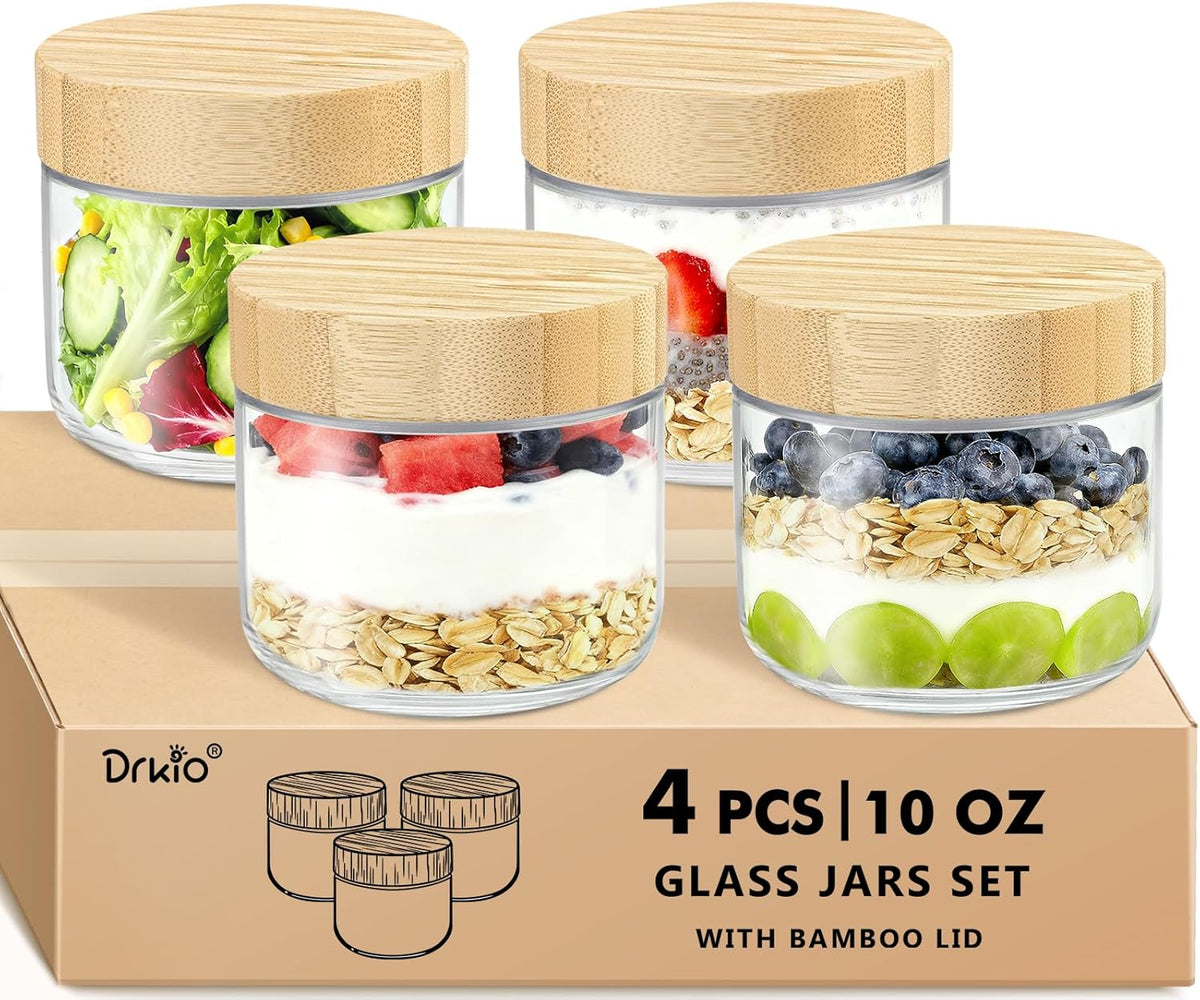 DRKIO 16 Oz Overnight Oats Containers with Bamboo Lids - 4 Pack Glass Storage Jars with Airtight Lids Wide Mouth Mason Food Jars Great for Meal Prep Salad Chia Pudding Snacks Yogurt Sugar Spice Cereal