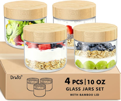 DRKIO 16 Oz Overnight Oats Containers with Bamboo Lids - 4 Pack Glass Storage Jars with Airtight Lids Wide Mouth Mason Food Jars Great for Meal Prep Salad Chia Pudding Snacks Yogurt Sugar Spice Cereal