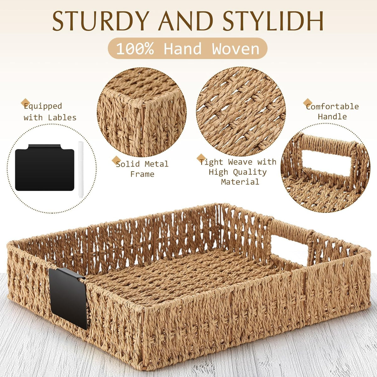 Marsui 9 Pcs Wicker Storage Baskets for Pantry Organization with Handle Labels Handwoven Multi-size Dark Brown Small Organizer Baskets Storage Bin Container for Shelves Closet Toilet Christmas Holiday