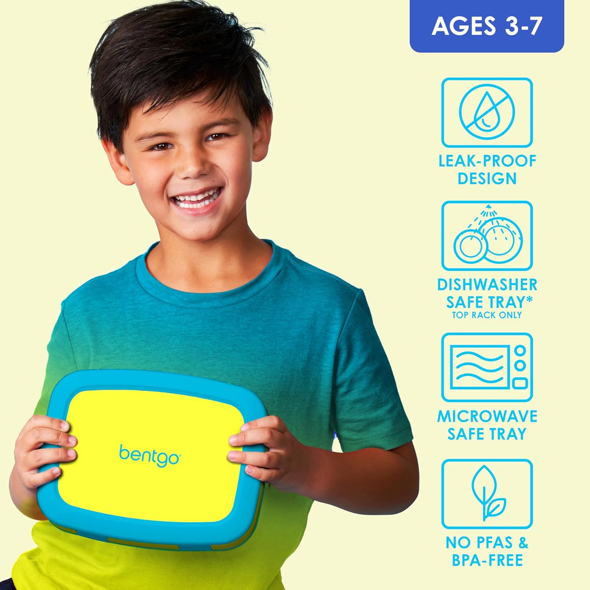 Bentgo Kids Bento-Style 5-Compartment Leak-Proof Lunch Box - Ideal Portion Sizes for Ages 3 to 7 - Durable, Drop-Proof, Dishwasher Safe, PFAS & BPA-Free & Made with Food-Safe Materials (Blue)