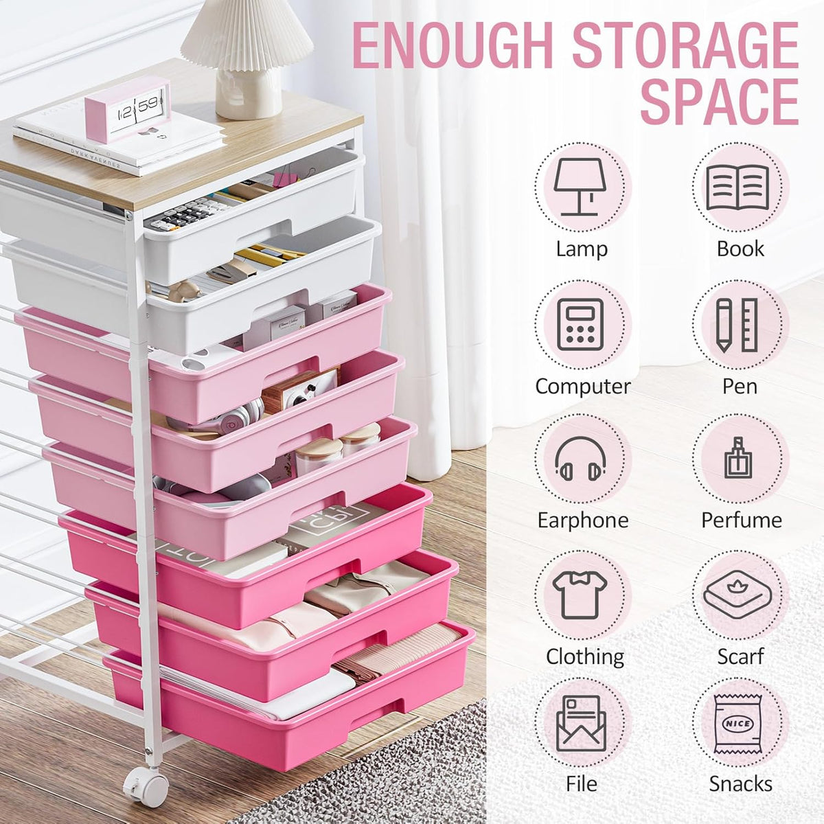 Rolling Cart with Drawers, Pink Cart with 8 Plastic Drawer Storage and Wooden Tabletop, Craft Storage, Teacher Cart, Storage Cart on Wheels, Rose Pink