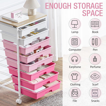 Rolling Cart with Drawers, Pink Cart with 8 Plastic Drawer Storage and Wooden Tabletop, Craft Storage, Teacher Cart, Storage Cart on Wheels, Rose Pink