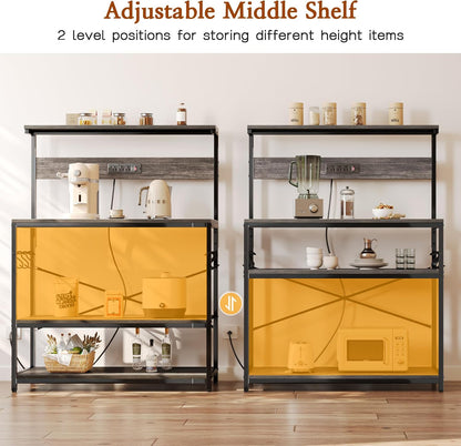 SUPERJARE Kitchen Bakers Rack with Power Outlet, Coffee Bar Table 4 Tiers, Kitchen Microwave Stand with 6 S-shaped Hooks, Storage Shelf Rack for Spices, Pots and Pans - Rustic Brown