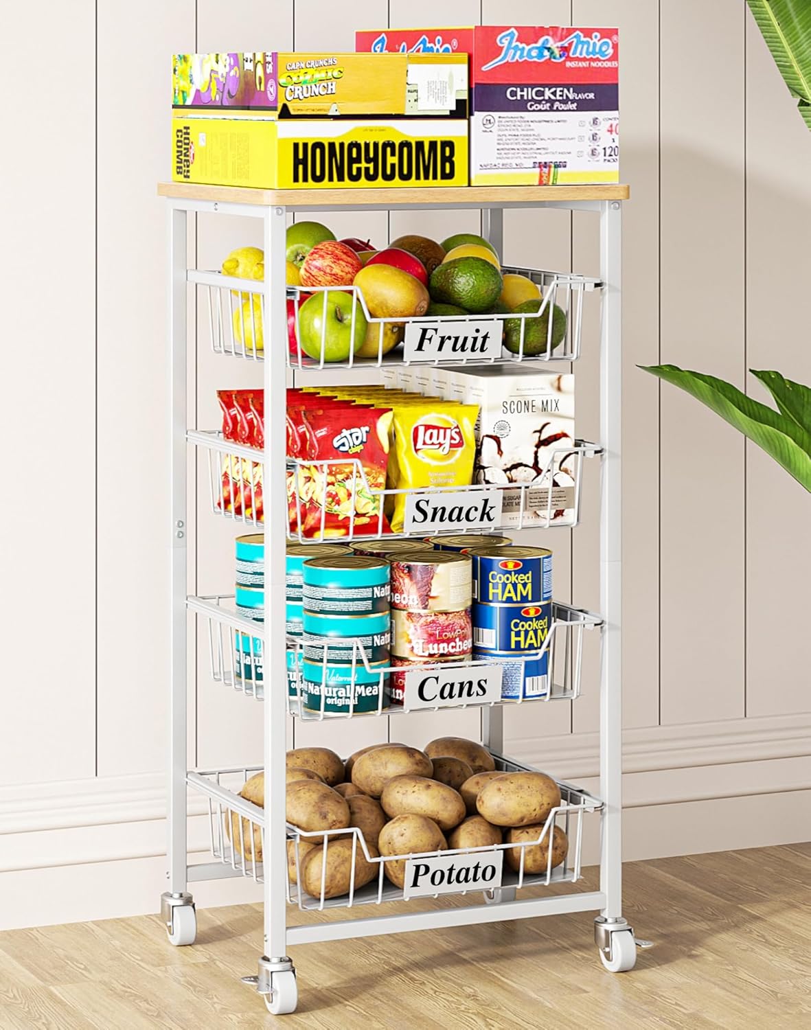 OKZEST 4-Tier Kitchen Storage Cart on Wheels – Mobile Fruit Basket Stand with Drawers & Wooden Top, Small Rolling Pantry Shelf for Potatoes, Onions, Bottled Drinks, Cans, Snacks – Includes 3 PE Liners